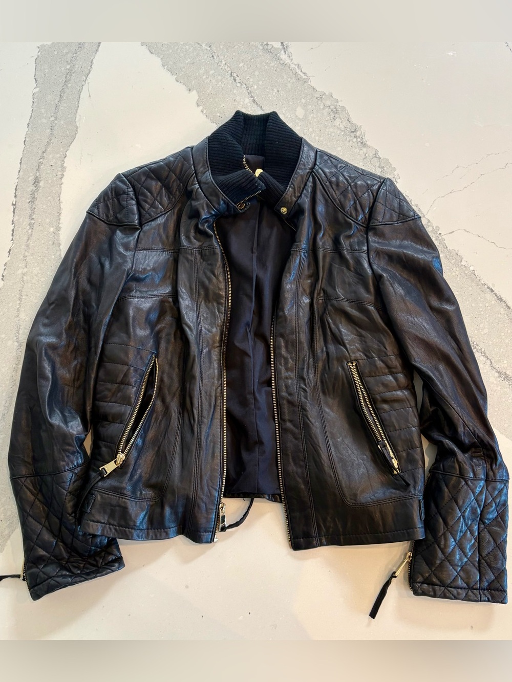bebe Black Quilted faux Leather Bomber Jacket